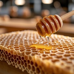 A close-up of a honey dipper dripping golden honey over a honeycomb, showcasing natural textures...