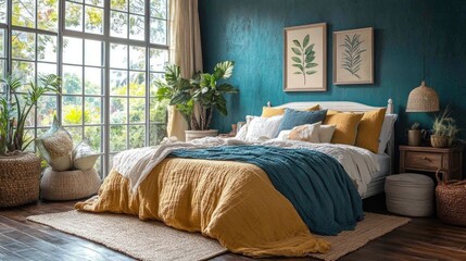 Bedroom, teal walls, mustard bedding, garden view, home decor