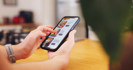 Hands, person and phone screen of online shopping with food menu, meal choice and restaurant...