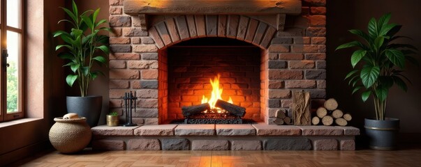 Traditional brick fireplace with stone surround, fireplace, stone