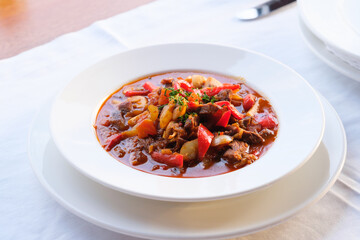 Hearty stew with meat peppers and mushrooms served in a white bowl