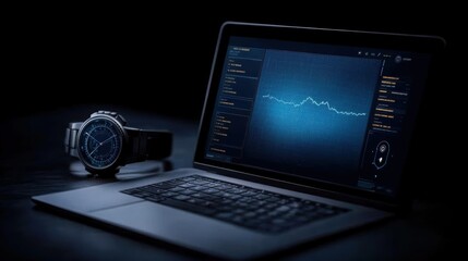A modern laptop displaying a digital waveform analysis alongside a sleek watch, set against a dark background, This image is ideal for technology, data analysis, or time management themes,