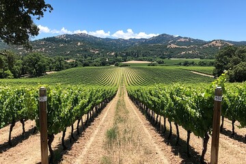 Lush vineyard rows stretch towards distant mountains under a bright blue sky.