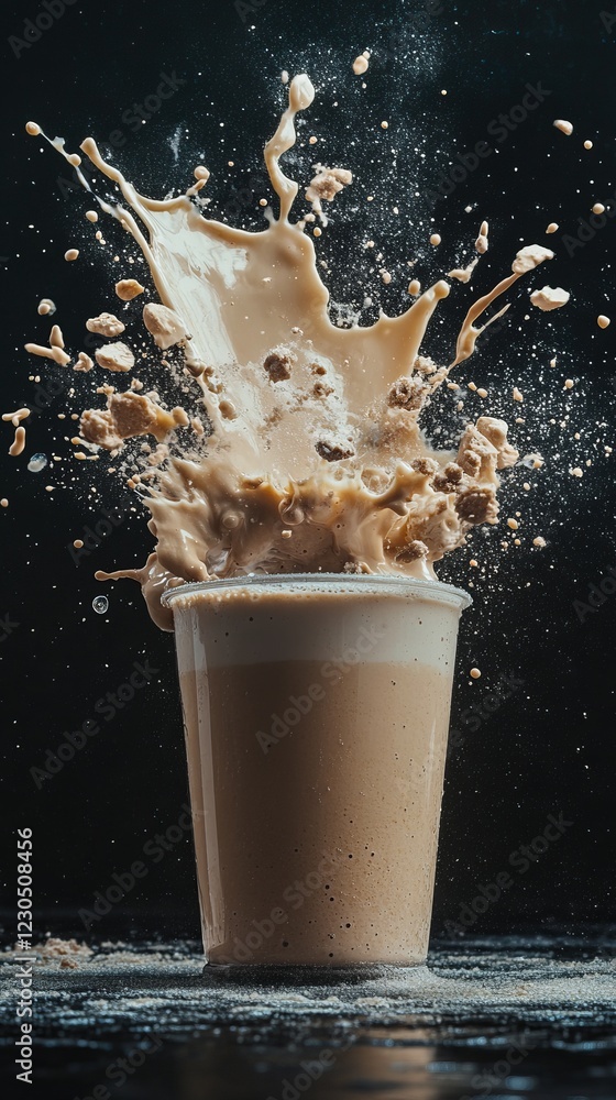 Poster a high-speed shot of iced coffee splashing out of a cup, creating an artistic and dynamic visual aga