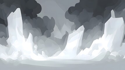 Abstract Monochrome Landscape Painting, Misty Mountains and Crystal Peaks