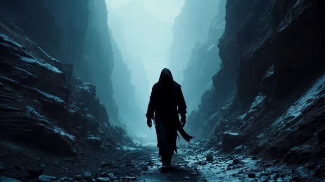 A dark figure walks through the gorge. Adventure in the mountains video clip.