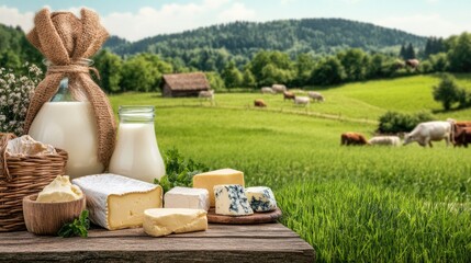 Rustic table showcases milk and cheese in glass jars, set against a lush field and grazing cows under a bright sky