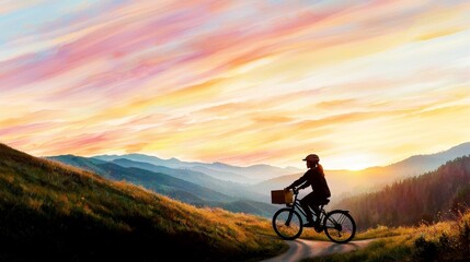 Obraz premium Scenic Bicycle Ride at Sunset with Vibrant Sky and Mountain View