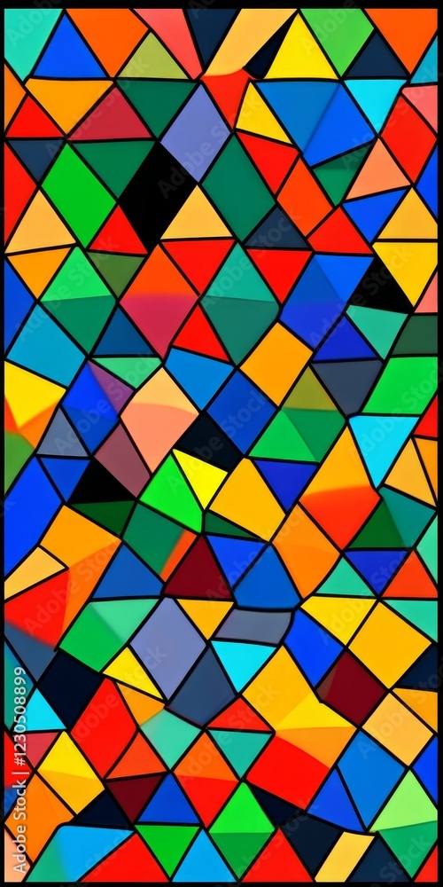 Poster a vibrant and colorful abstract geometric pattern featuring various triangles and shapes, ideal for 