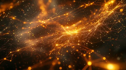 Obraz premium Abstract network of golden lines and dots on a dark background