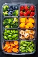 A vibrant meal prep container showcases an assortment of healthy foods, including broccoli, strawberries, and grilled chicken, perfect for meal planning or fitness-related content,
