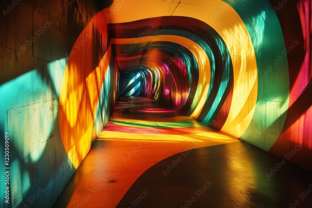 Poster exploring vibrant tunnel architecture: a dance of light and color in urban spaces