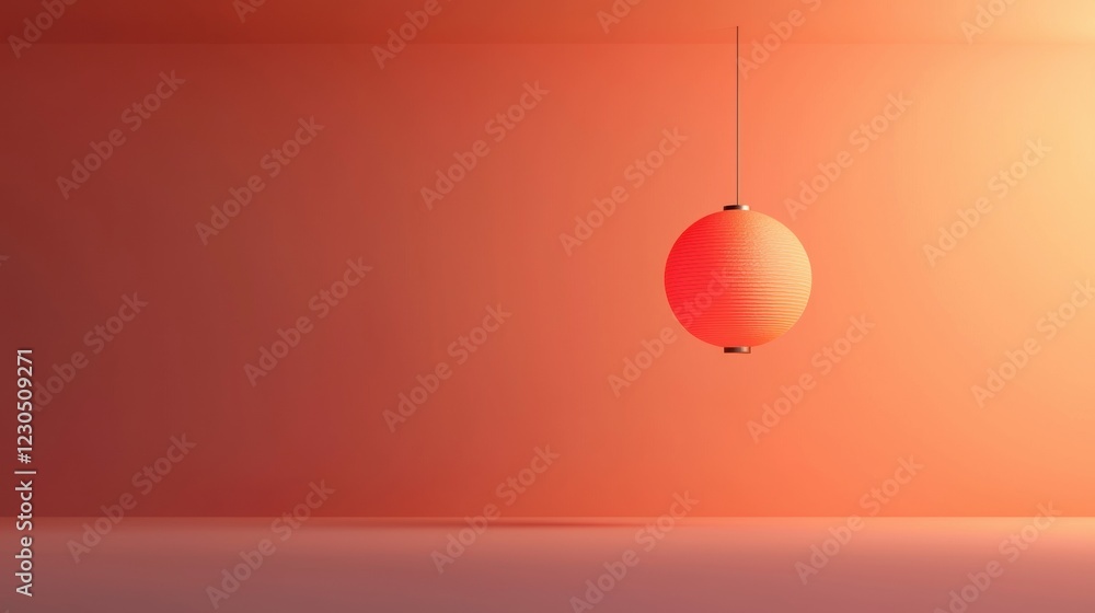 Poster 3d rendering of a red lantern hanging from a thin black wire. the lantern is round and cylindrical i