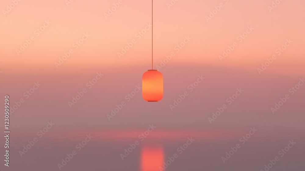 Poster photograph of a hanging lantern. the lantern is orange in color and is suspended from a thin wire. i