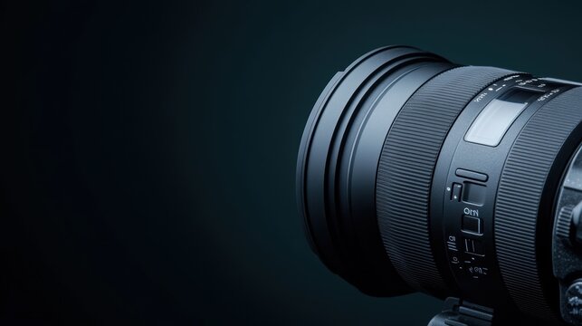A close-up of a professional camera lens against a dark background, showcasing its details and features, This image suits articles or marketing materials related to photography, gear