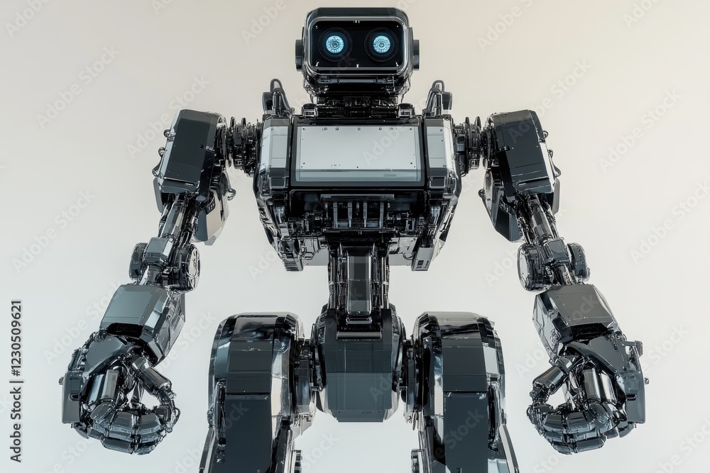 Poster robot stands upright showcasing advanced joint mechanics and sleek design in a studio setting