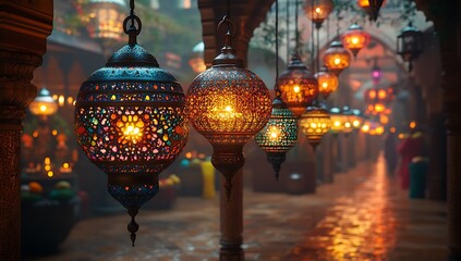 Illuminated Colorful Moroccan Lanterns Hanging in a Dimly Lit Street at Dusk

