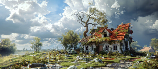 Fototapeta premium A weathered house with a damaged roof stands amid a grassy field under a cloudy sky. Concept of abandonment and nature reclaiming land. For architectural restoration inspiration.