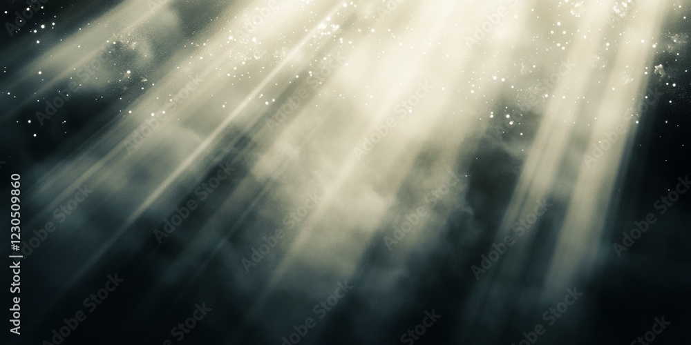Poster sunbeams breaking through clouds, illuminating dust particles, creating a mystical and serene ambian