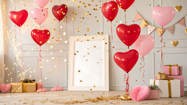 A festive Valentine's Day background featuring pink and red floating heart balloons, golden confetti, 