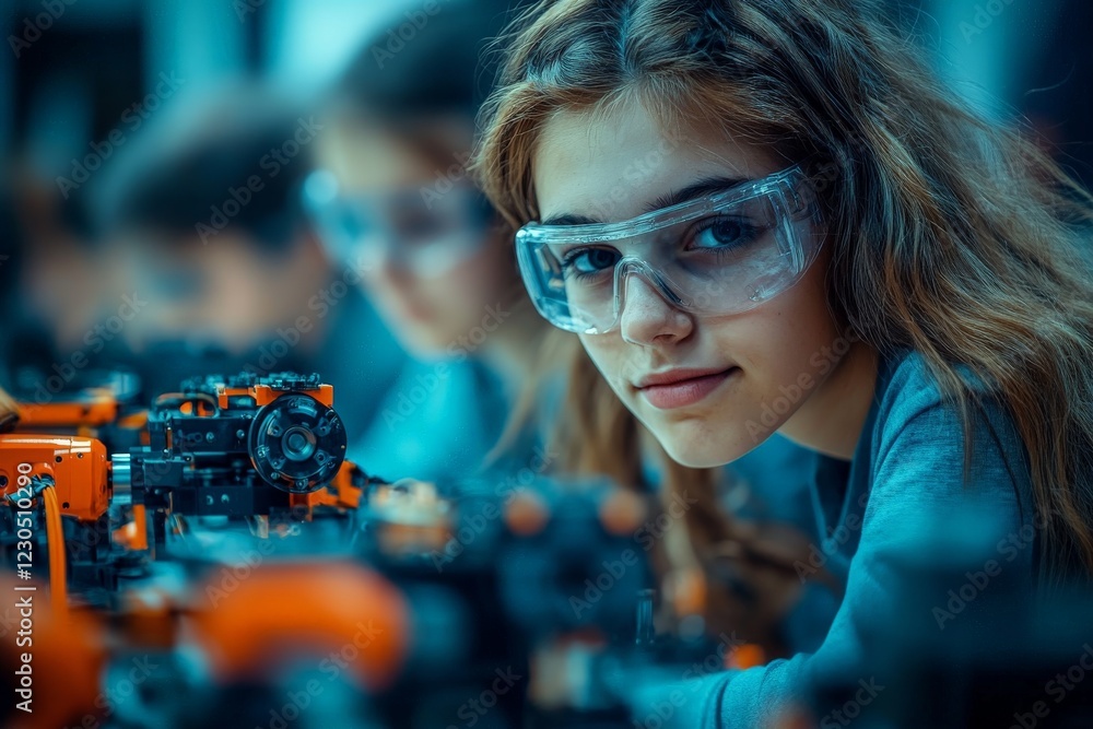 Poster Young student engages in robotics workshop while wearing safety goggles and working closely with intricate machinery
