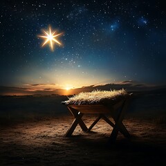 Glowing Star Above Wooden Manger in Peaceful Desert Landscape at Sunrise