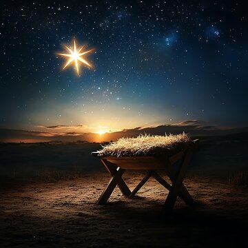 Glowing Star Above Wooden Manger in Peaceful Desert Landscape at Sunrise