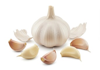 A whole bulb of garlic with several peeled cloves scattered around isolated on a white background