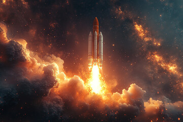 Fototapeta premium Spacecraft Ascending Through Fiery Clouds Into Space