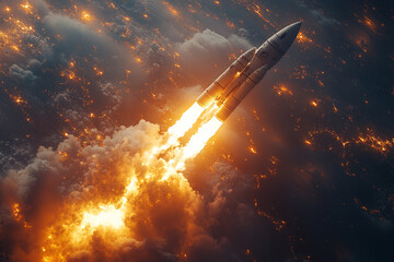 Obraz premium Rocket Ascending Through Fiery Clouds Above Earth