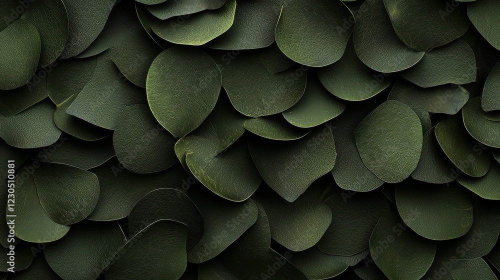 Poster close-up of a group of dark green leaves. the leaves are arranged in a random pattern, overlapping e