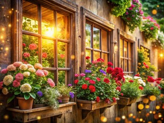 Fototapeta premium Vintage Flower Decorated Windows: Bokeh Effect Stock Photo