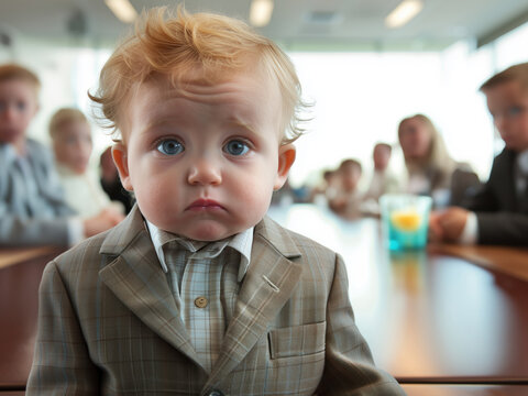Little boy child dressed as young businessman confused in business meeting