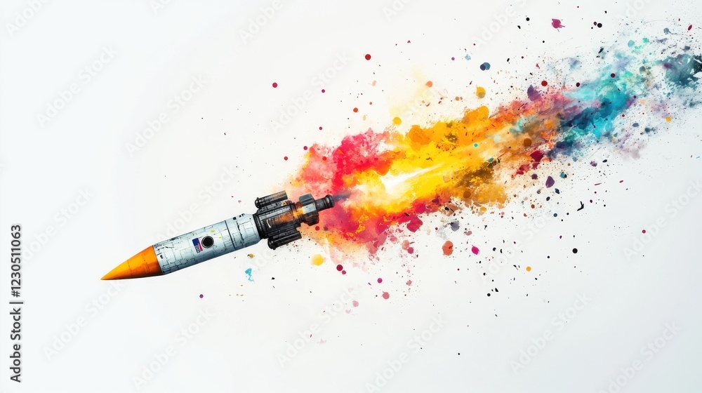 Poster a dynamic digital illustration of a space rocket launching with colorful bursts of paint on a white 
