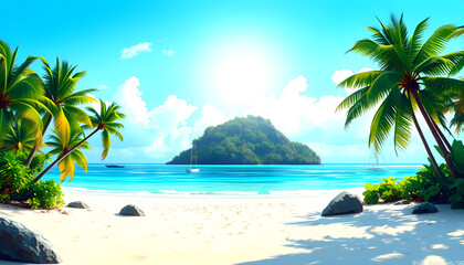 Obraz premium Sandy tropical beach with island on background , with white tonespng