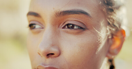 Woman, eyes and thinking in nature for fitness, peace and relax on exercise break. Girl, closeup or outdoor with daydreaming for future, planning wellness and mindfulness reflection for mental health
