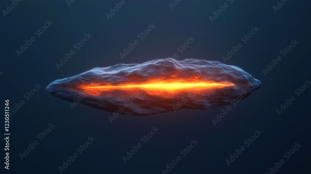 Poster 3d rendering of an asteroid. the asteroid is in the center of the image and is a dark blue color. it