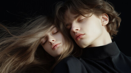 Two friends a man and a woman posing like it's a model shoot, realistic photography of male and female beauty and love