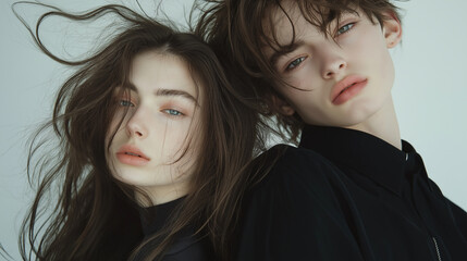 Two friends a man and a woman posing like it's a model shoot, realistic photography of male and female beauty and love