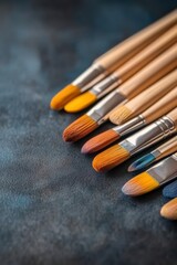 Fototapeta premium A collection of vibrant paintbrushes arranged in a row, showcasing different brush sizes and colors on a textured background, Ideal for art, creativity, and crafting themes,