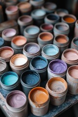 A vibrant assortment of paint jars showcasing various colors and swirls, perfect for art projects, design inspiration, or DIY crafts, Ideal for creative professionals or enthusiasts,
