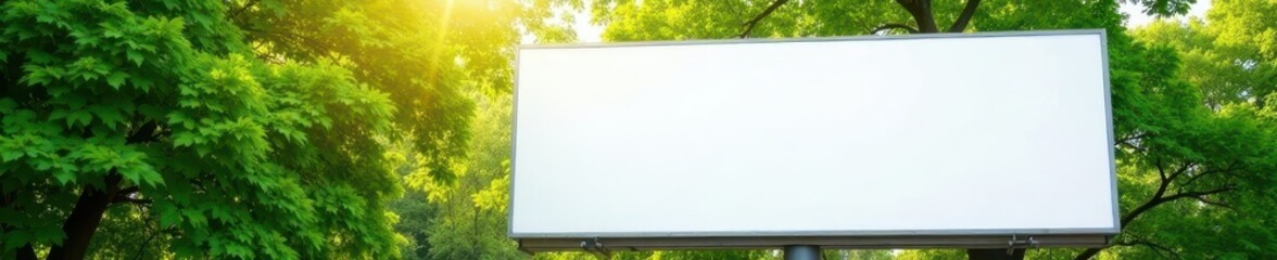 Clean white billboard against bright green leaves, sunny day, minimalist, marketing