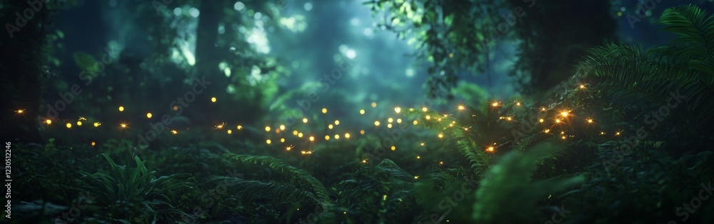 Poster fireflies dance in a dense forest during twilight, casting a magical glow throughout the lush greene
