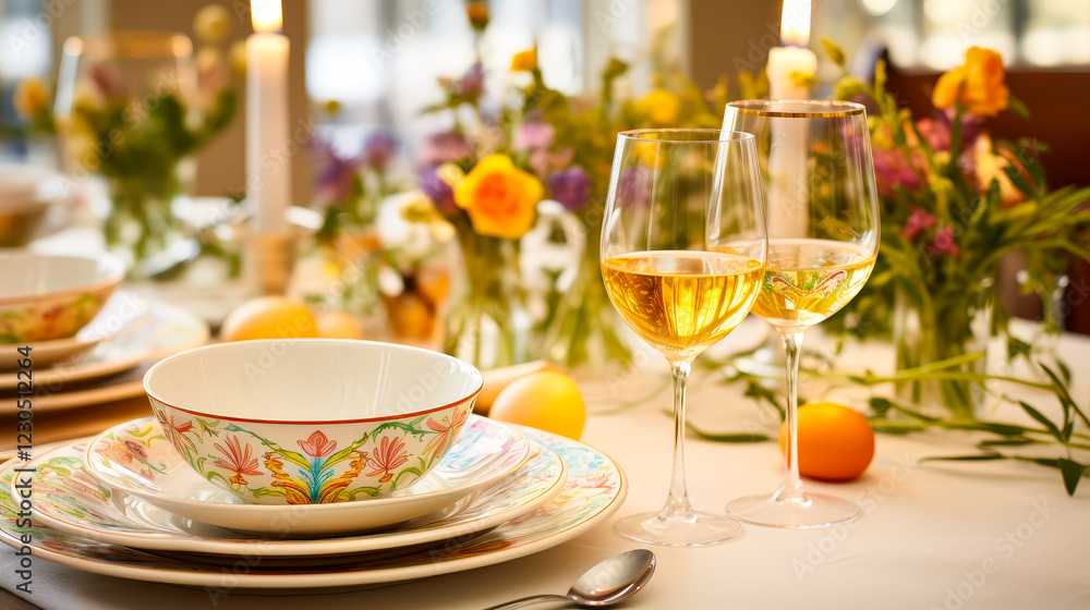 Poster colorful table setting with elegant dishes and fresh flowers for a cheerful gathering during springt