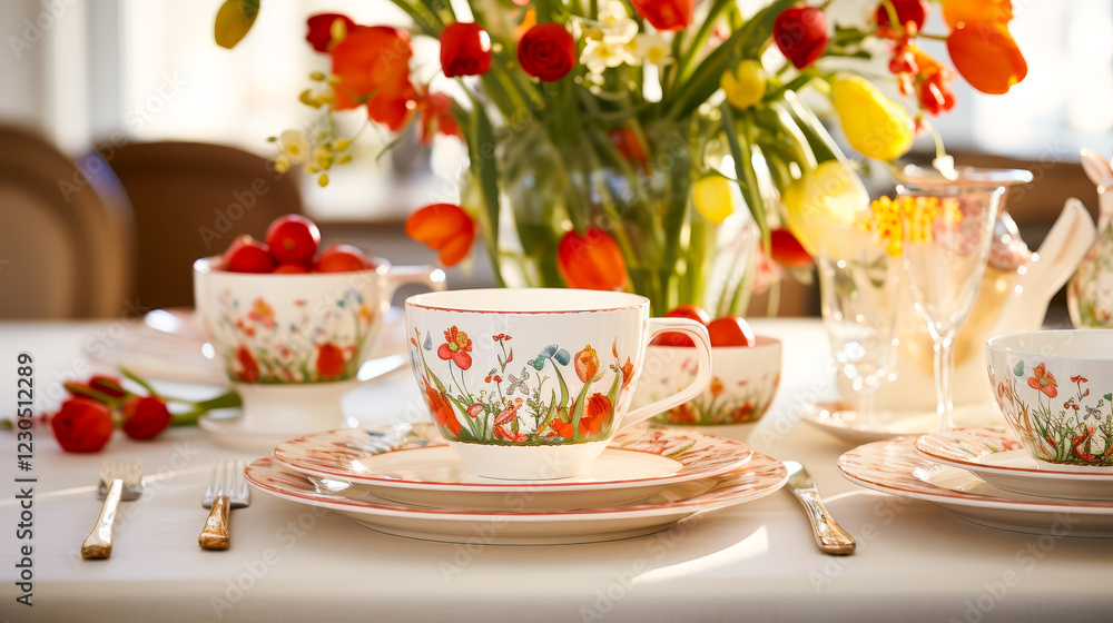 Poster elegant spring table setting with floral china and vibrant flowers for a delightful gathering