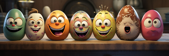 Happy Easter egg faces banner. Joyful easter celebration with colorful cartoon eggs, fun and festive childhood games theme, Kids Easter craft ideas