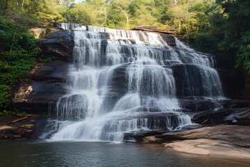 Obraz premium A powerful waterfall cascading down into a tropical jungle. A lone traveler stands on a rock, feeling the refreshing mist and surrounded by lush green vegetation.