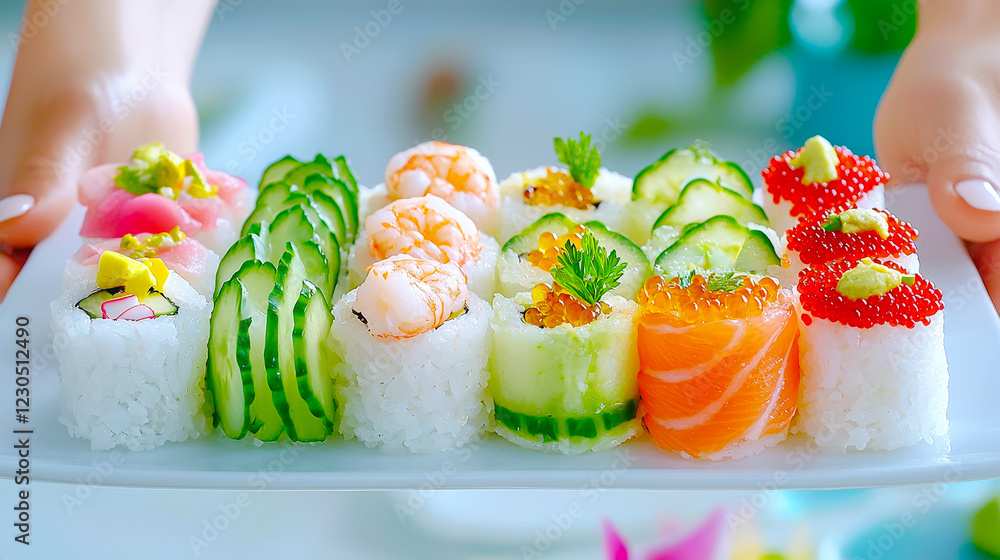 Poster sushi platter with colorful rolls and fresh ingredients served in a bright setting