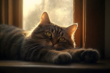 Playful tabby cat stretching on a windowsill in a bright and sunny indoor environment