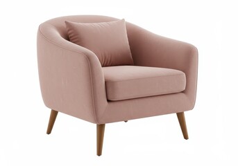 Fototapeta premium A modern upholstered armchair in soft pink fabric with wooden legs isolated on a white background